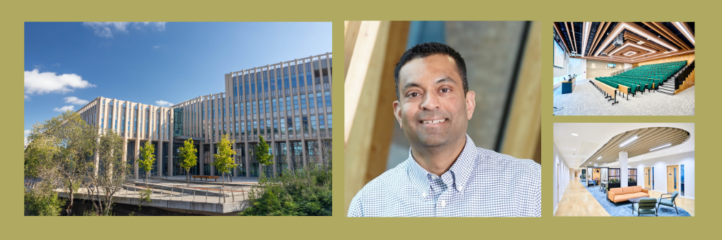 yellow background with collection of images of Kieran Fernandes and the Business School's Waterside building