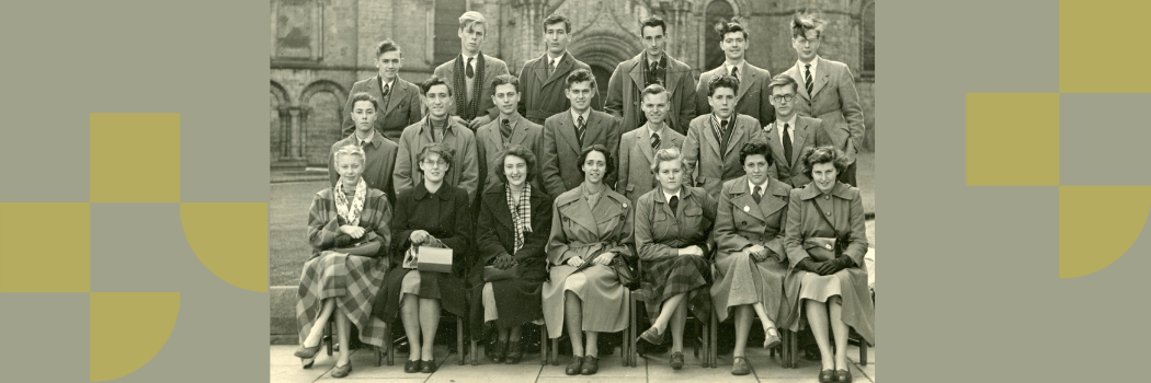 Biddy Baxter sitting bottom left in a posed freshers group