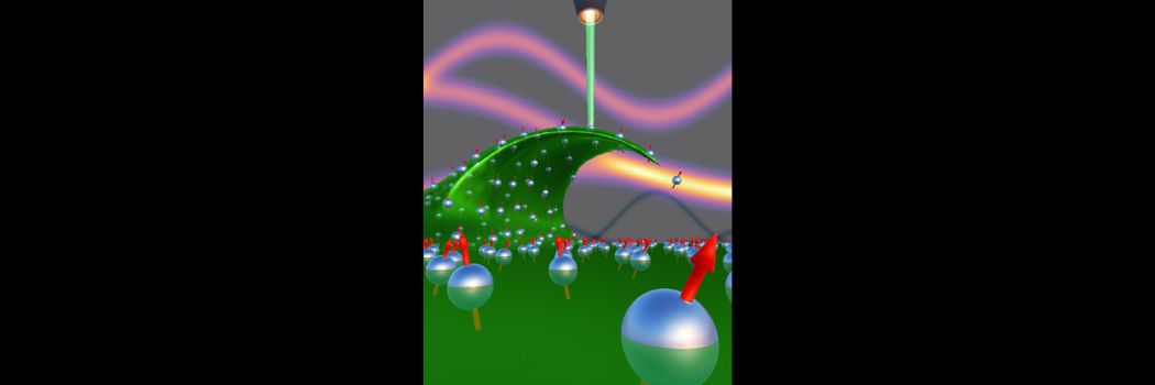 Artistic impression of a magnon spin wave generated and detected by electron microscopy