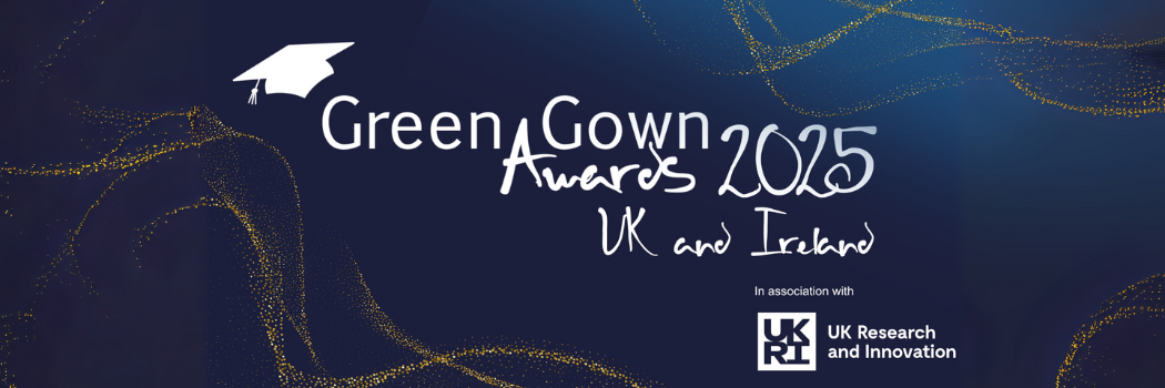 A dark blue graphic with white text reading 'Green Gown Awards 2025. UK and Ireland' in white font.