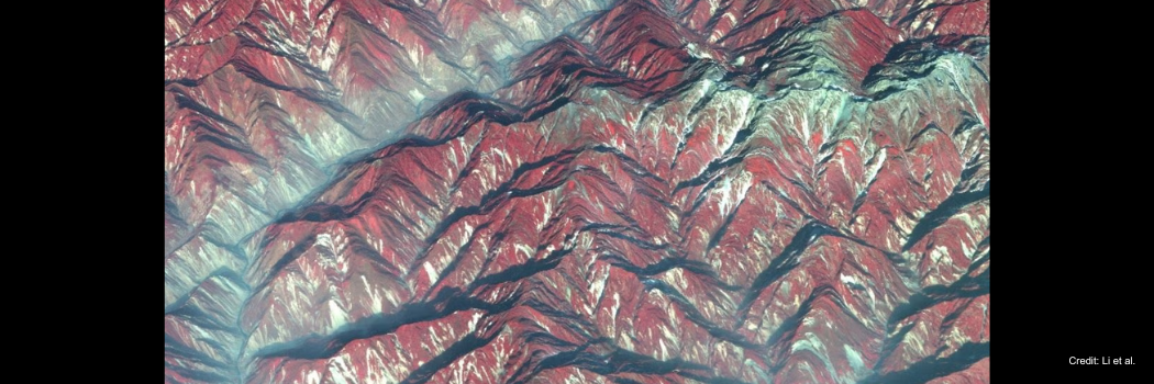 Satellite imagery of the Longmen Mountains reveals the destruction wrought by the Wenchuan Earthquake. There’s no snow depicted in this false-color composite image; all of the white patches are landslides.
