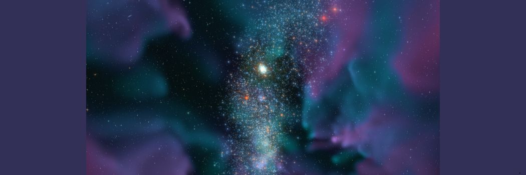 A strip of stars runs from top to bottom of the picture against a black background and shrouded by purple clouds