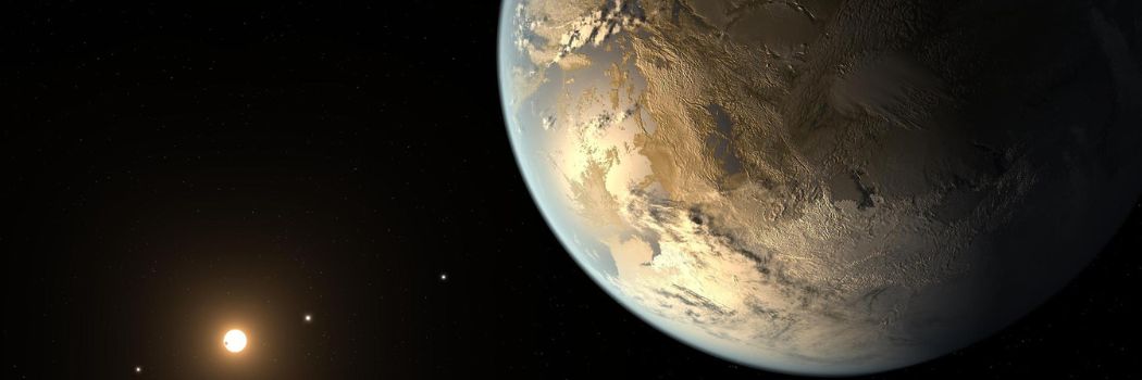 An Earth-like planet in the foreground with a nearby star in the distance.