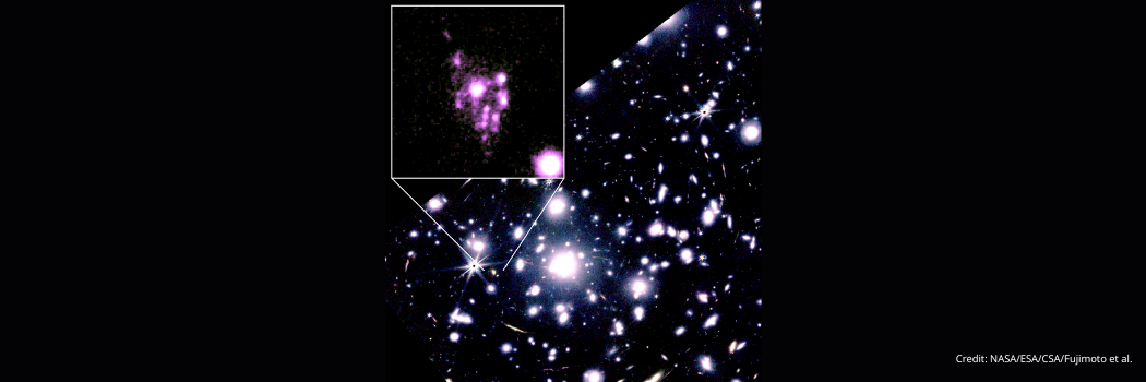 Near-infrared images taken by JWST of the galaxy cluster “RXCJ0600-2007,” which causes a powerful gravitational lensing effect. Unprecedented high-resolution observations unveiled the structure of a distant galaxy in the early universe — composed of more than 15 compact star-forming clumps arranged like a “bunch of grapes” (zoom-in panel).