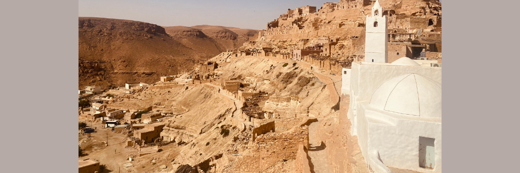 Traditional Tunisian buildings built into a sand-coloured hillside