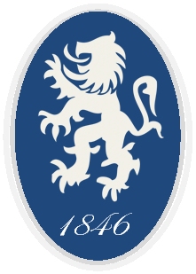 Hatfield Lion in white embossed on blue background with 1846 written under it in white