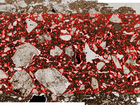 Image of a scanned material in red and grey