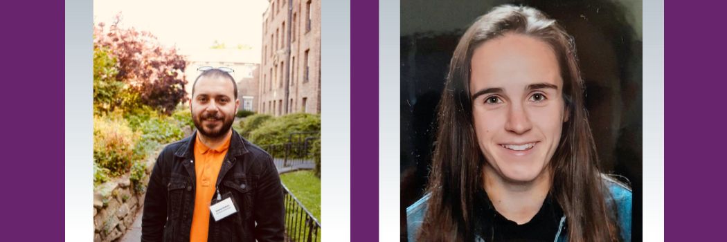 Profile photos of PhD students Batuhan Özdemir and Ellie Jones on a grey and purple background