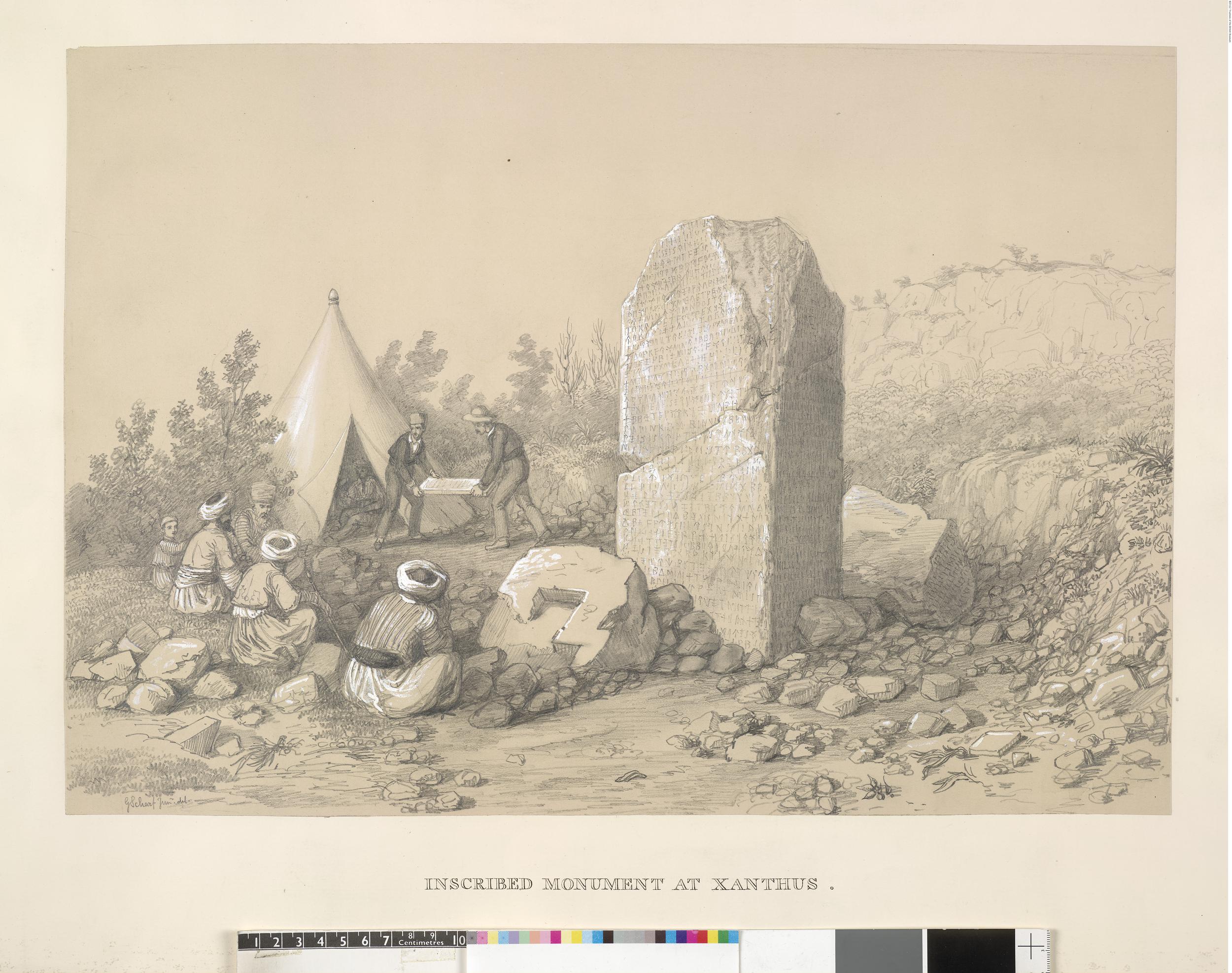 George Scharf Jr 1884, view of the Inscribed Pillar, Xanthos, with workers and onlookers. Copyright The Trustees of the British Museum