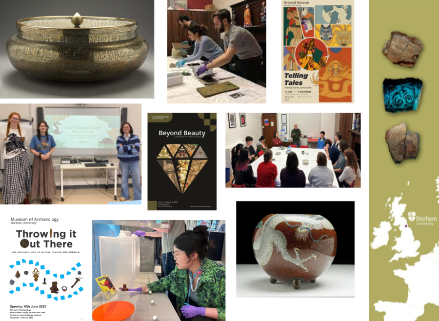 A collection of 10 images showing different students, artefacts and student-curated museum exhibition posters.