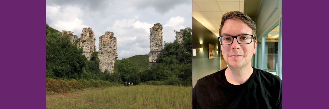 Combined image of two photographs, the left shows remains of an aqueduct bridge in Constantinople, the right is a profile photo of Dr Riley Snyder