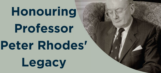 Photograph of Peter Rhodes with text