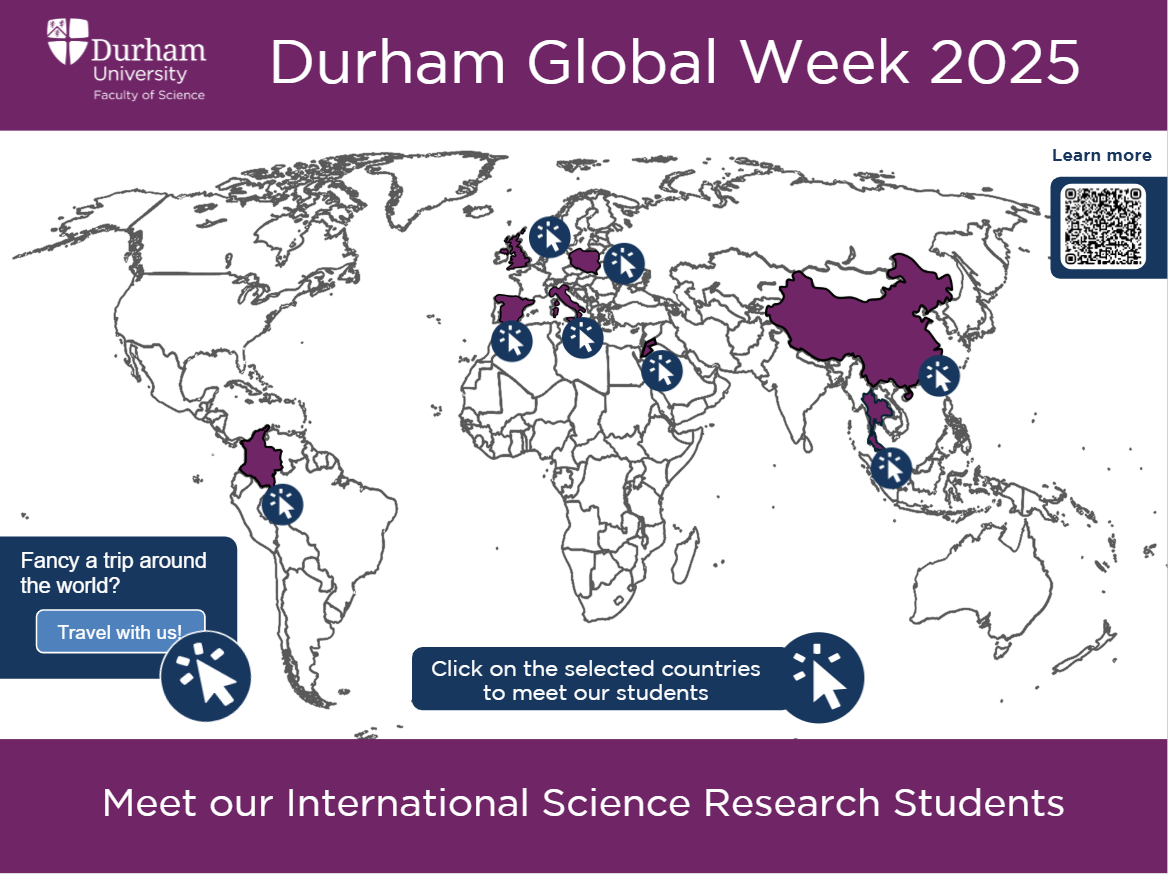 A map of the world with pins dropped showing nationalities of students studying science at Durham