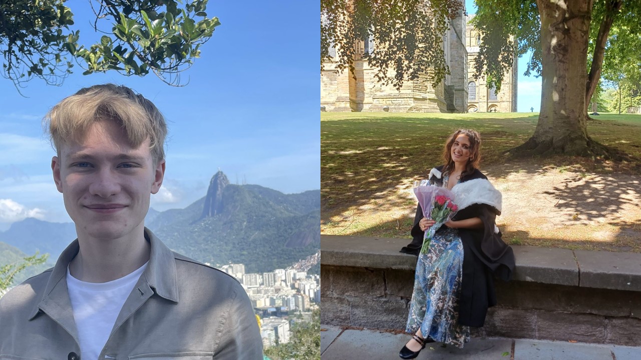 Two students: a man stood in front of a scenic background and a woman presenting in a seminar room