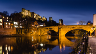 Durham City At Night Time Framwellgate Bridge Cathedral Illuminated