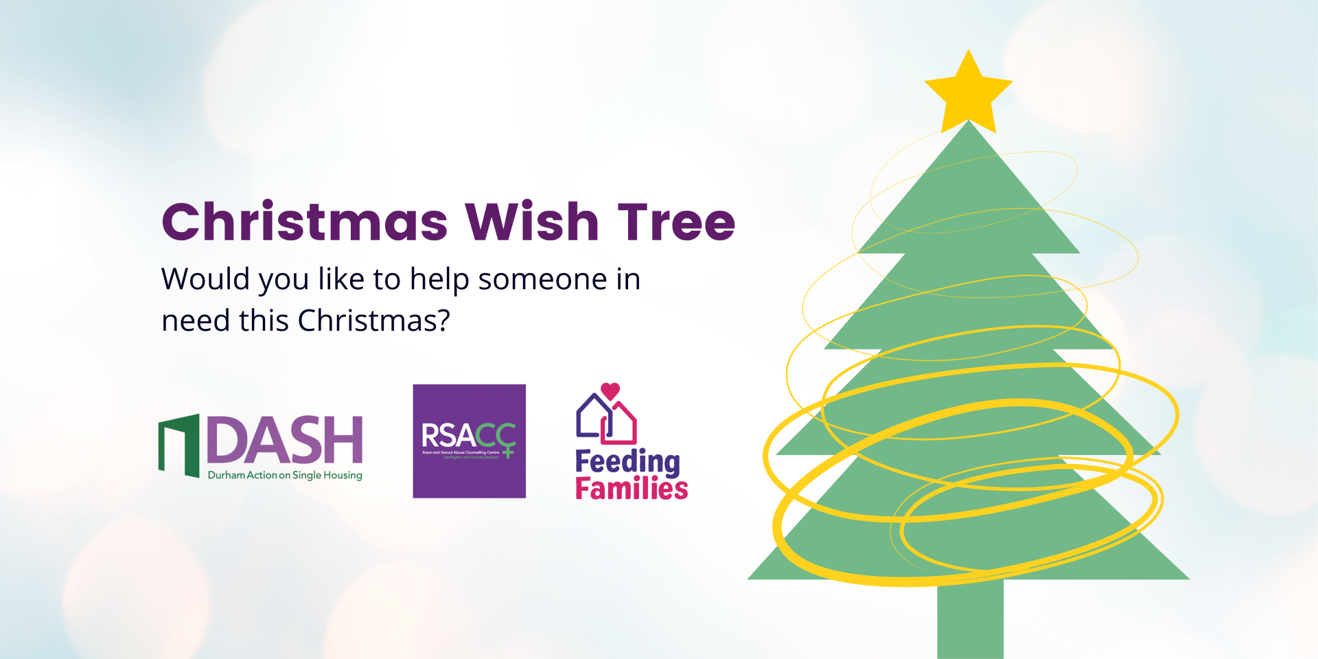Christmas Wish Tree 2024 graphic with a Christmas tree to the right-hand side and the words