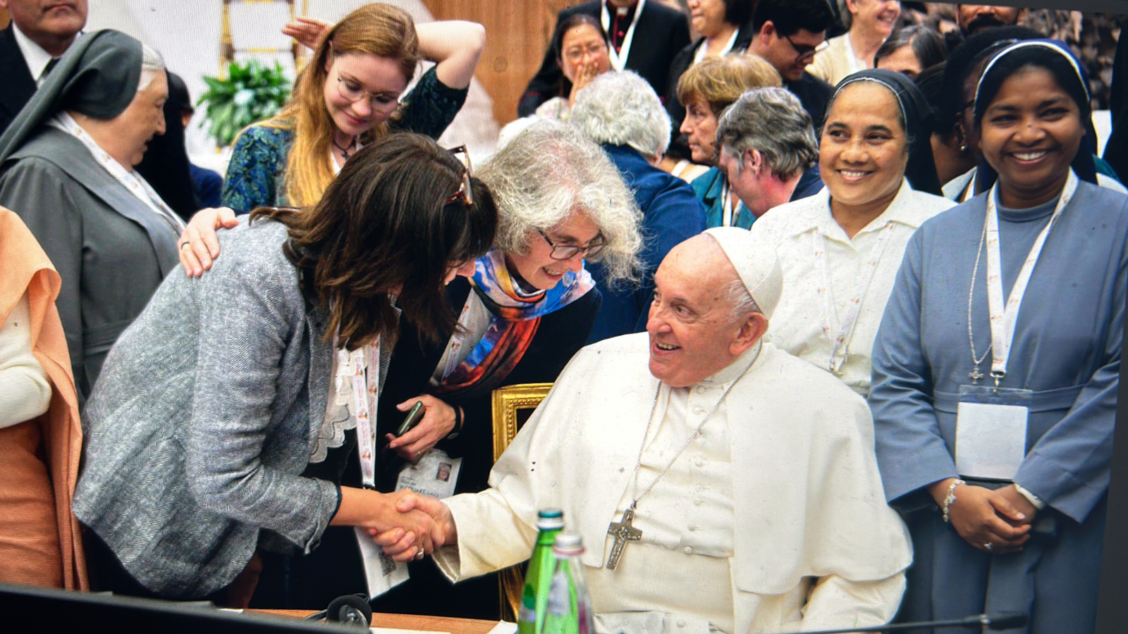 Professor Anna Rowlands pictured with Pope Francis at the Synod.