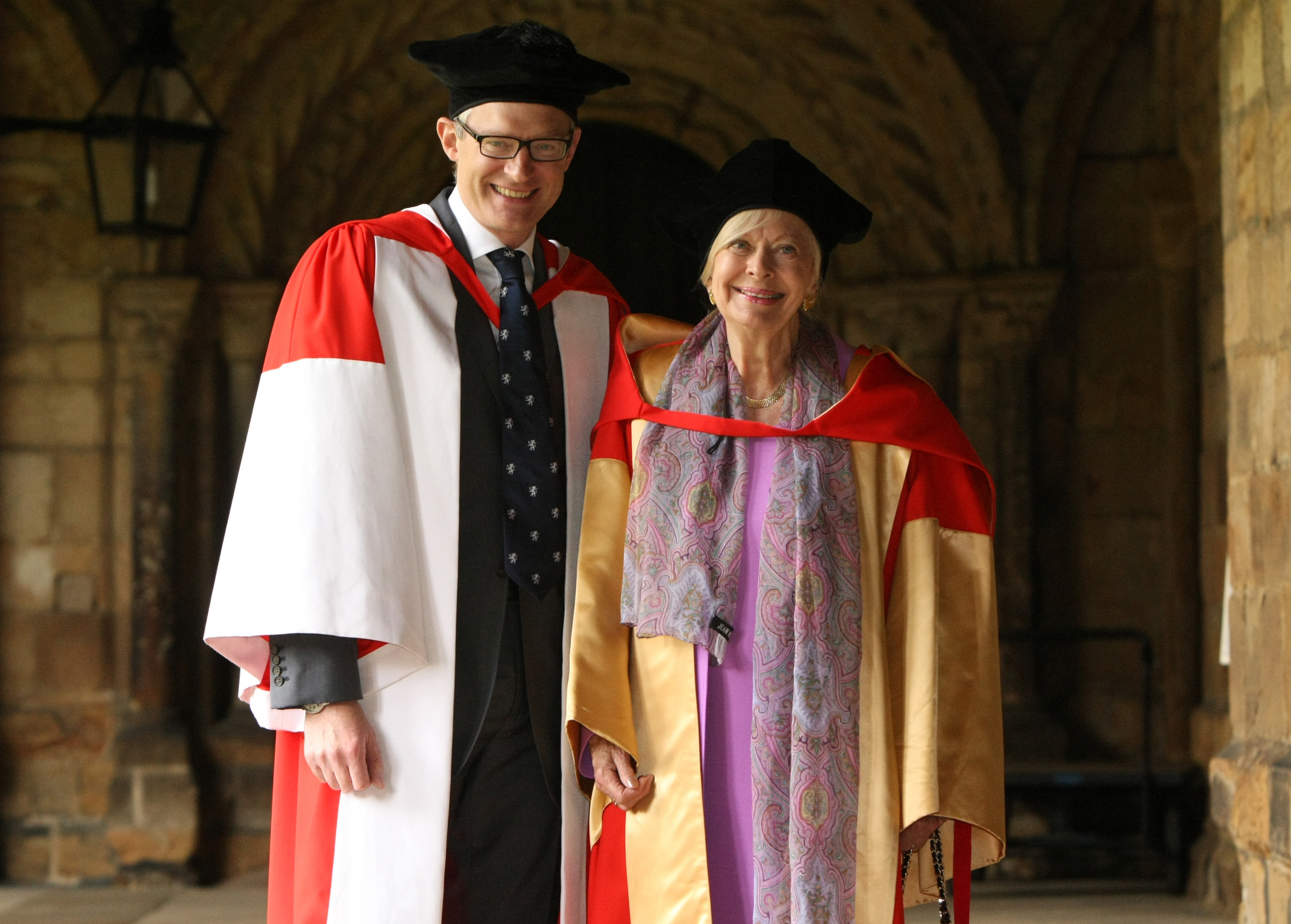 Biddy Baxter at Durham Cathedral in 2012 to receive her Durham University honorary degree. Pictured with television and radio presenter Jeremy Vine, who also received an honorary degree. Credit: The Northern Echo.