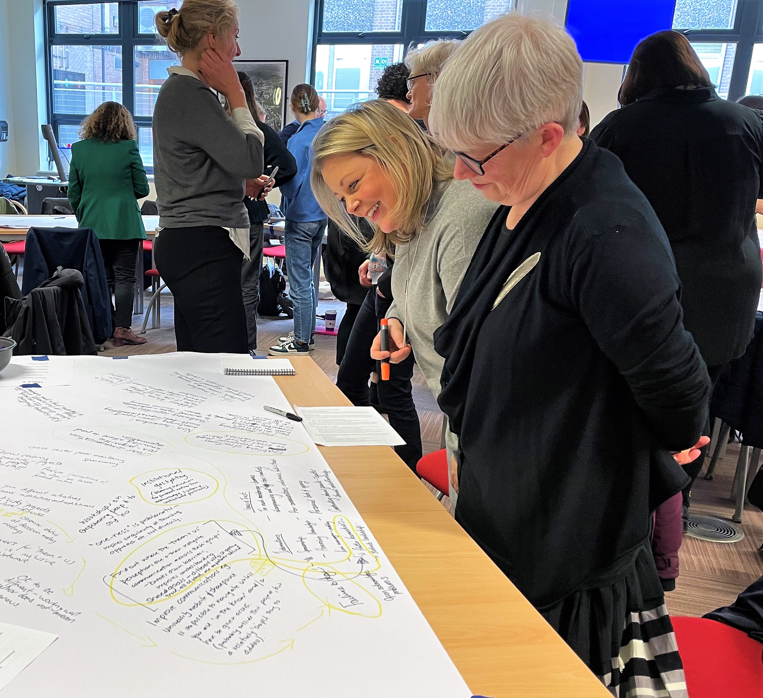 Two female staff members looking a research culture mindmap