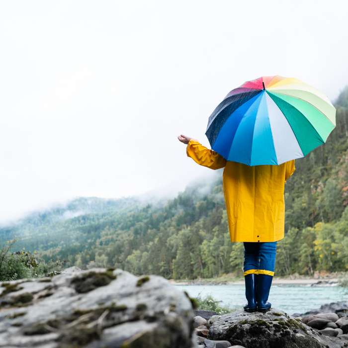 Woman standing on rock edge with umbrella, overlooking a lake.