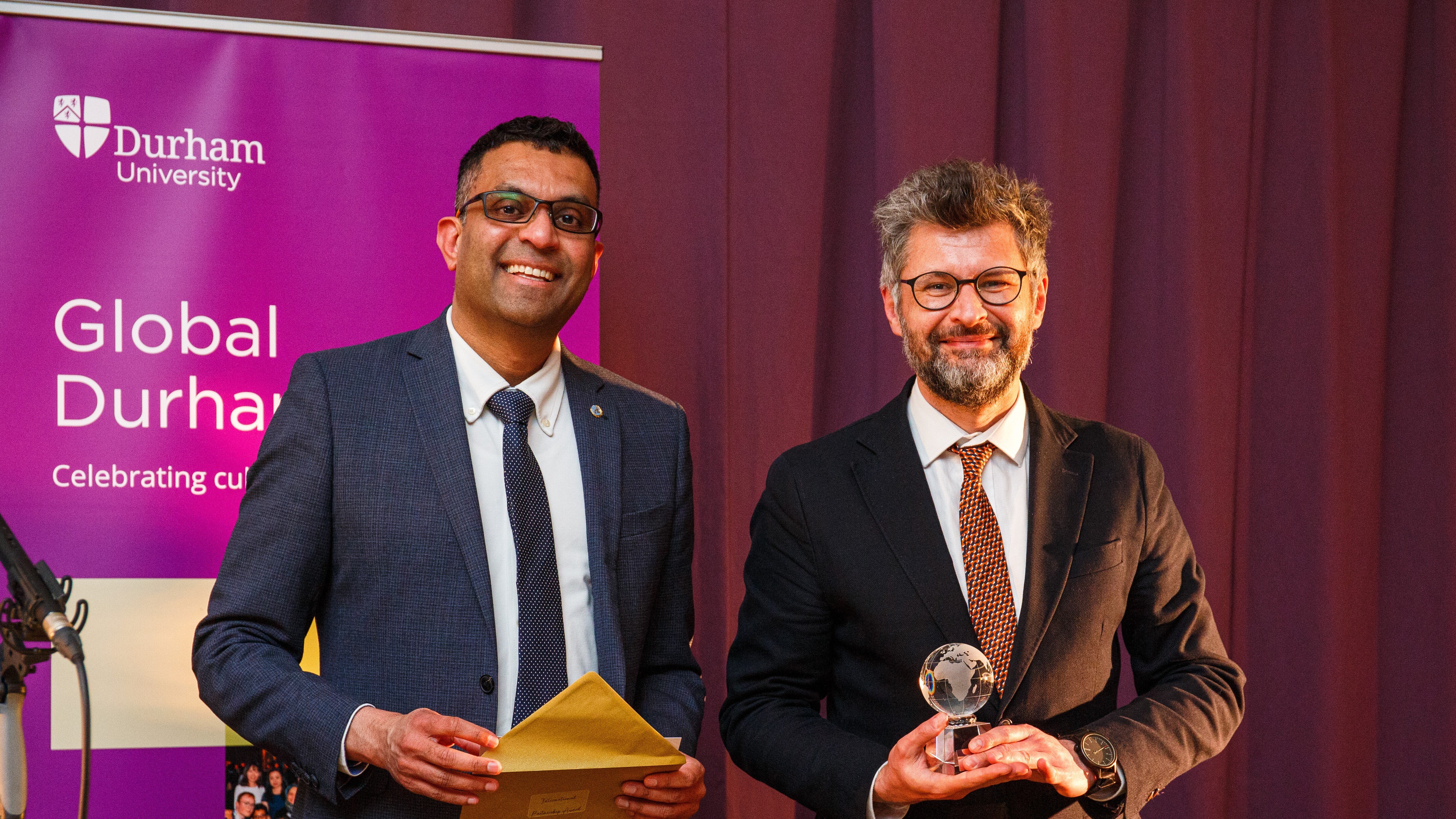 Professor Kieran Fernandes Associate Dean for Internationalisation at the Business School and Markian Prokopovych, Global Durham Awards, 2023