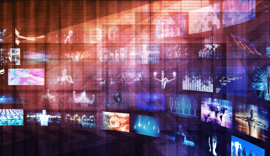 Digital illustration of multiple TV screens showing data