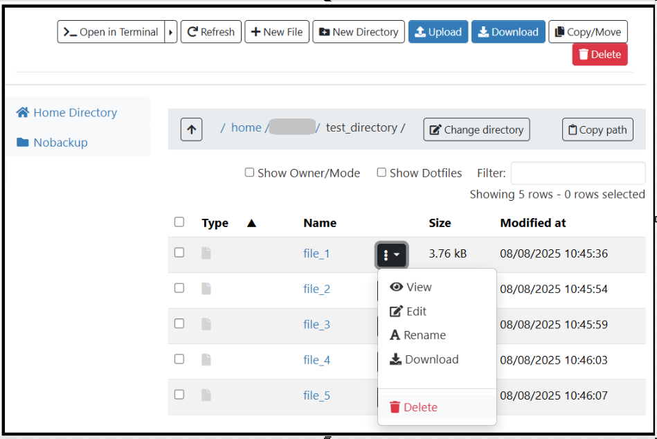 Graphical list of files in a Hamilton directory, showing dropdown menu of actions