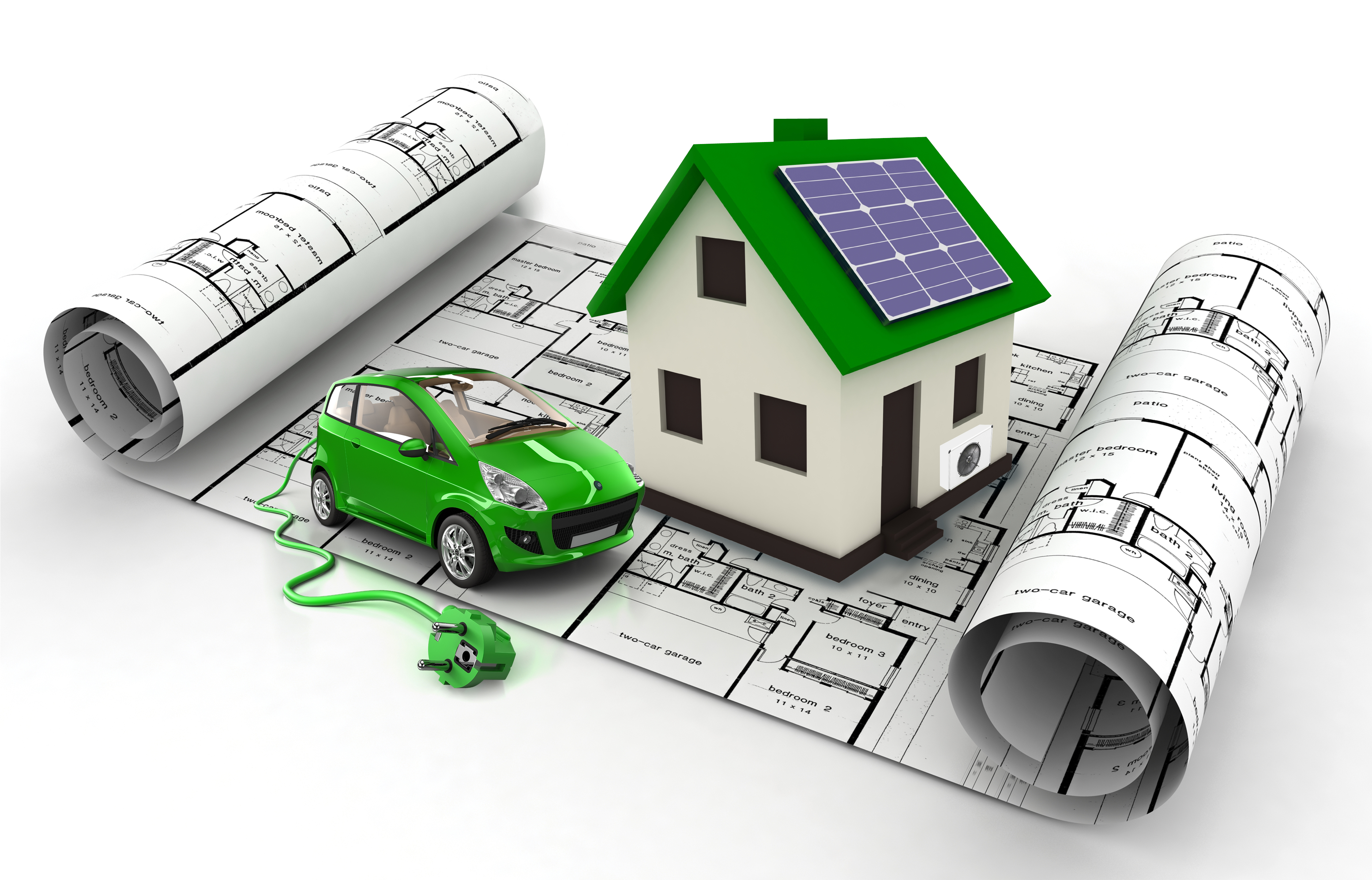 image of home with car and architects drawings