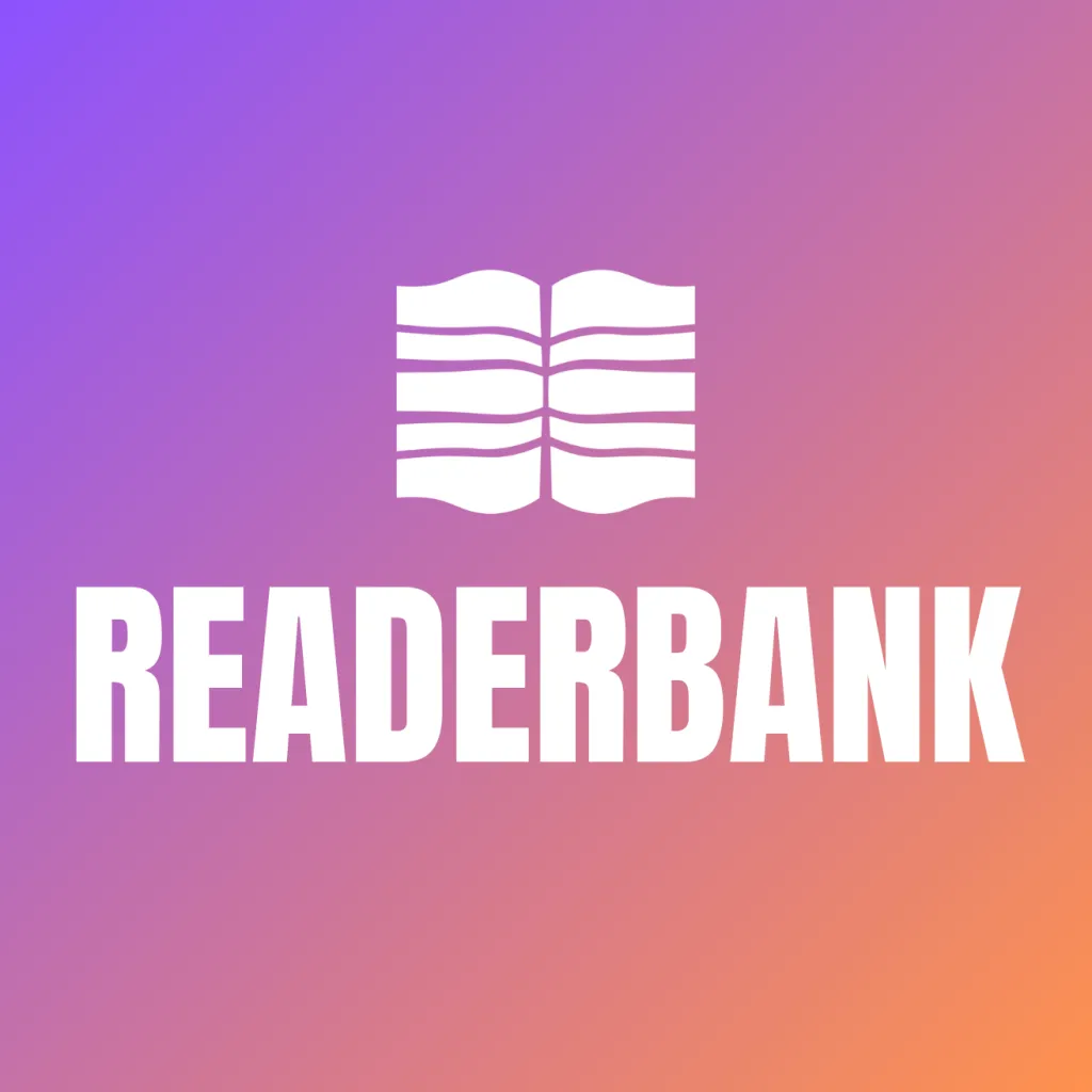 White text saying 'ReaderBank' and the logo resembling an open book on a purple-orange gradient background