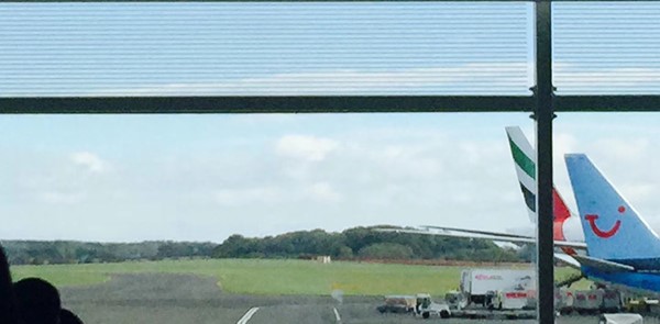 Airplanes seen from a window at the airport