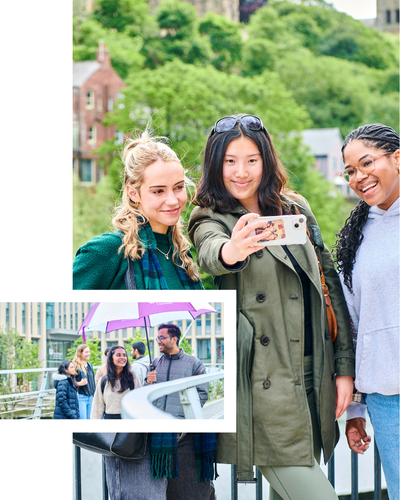 Three students taking a selfie outside and two students on a walkway with an umbrella
