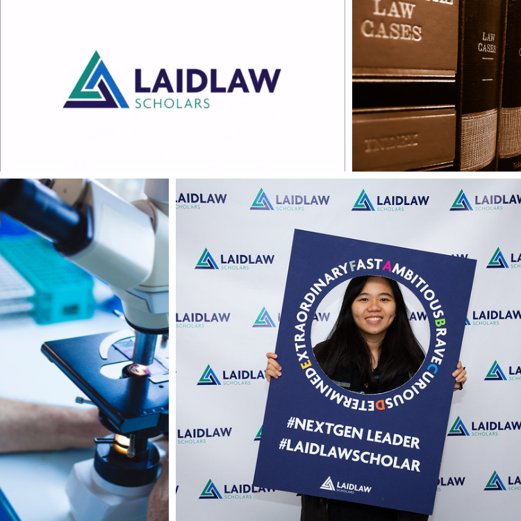 Laidlaw logo with images of law books, microscope and student