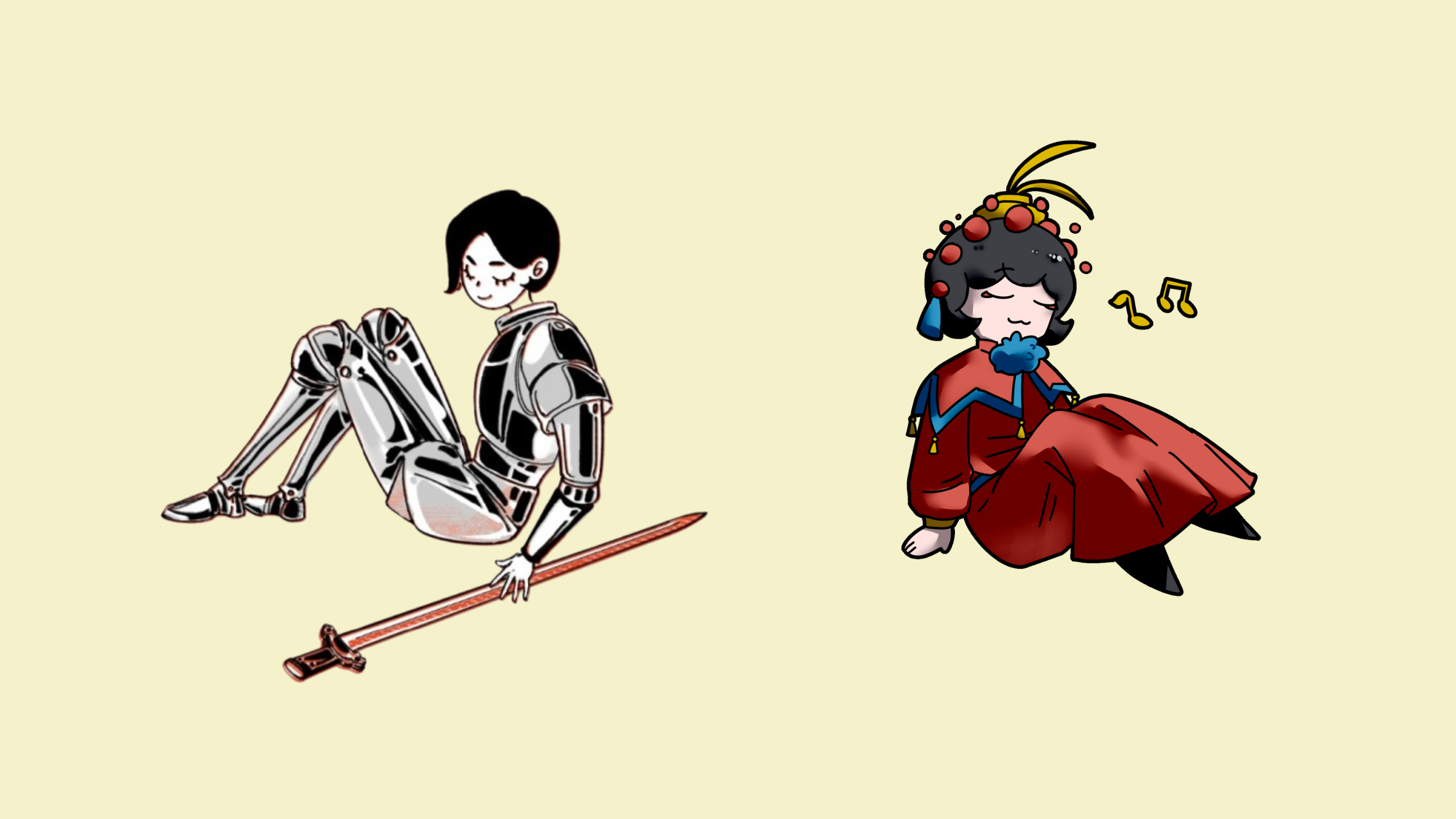 Illustration of a knight in armour and opera singer in costume sat back to back